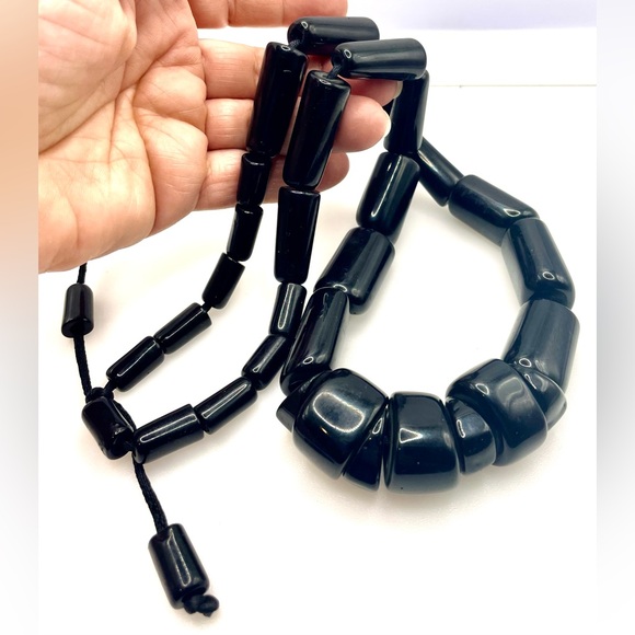 Vintage Large Black Lucite Beaded Necklace on Satin Cord Chunky Bold Statement - Picture 3 of 6
